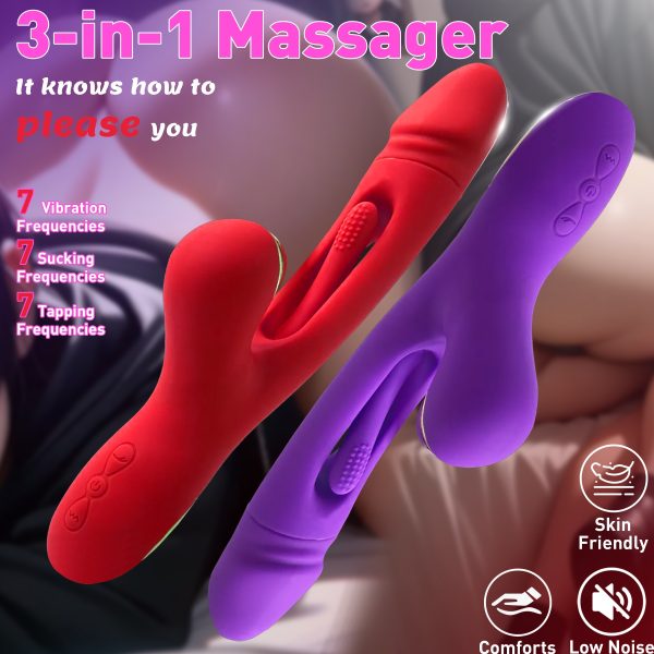 700mAh Rechargeable Silicone 3-in-1 Massage Dildo - 7 Vibration Modes, 7 Flapping & 7 Tongue Sucking Functions, USB Powered, Skin-Friendly, Comfortable, Low Noise Adult Massager Toy for Women